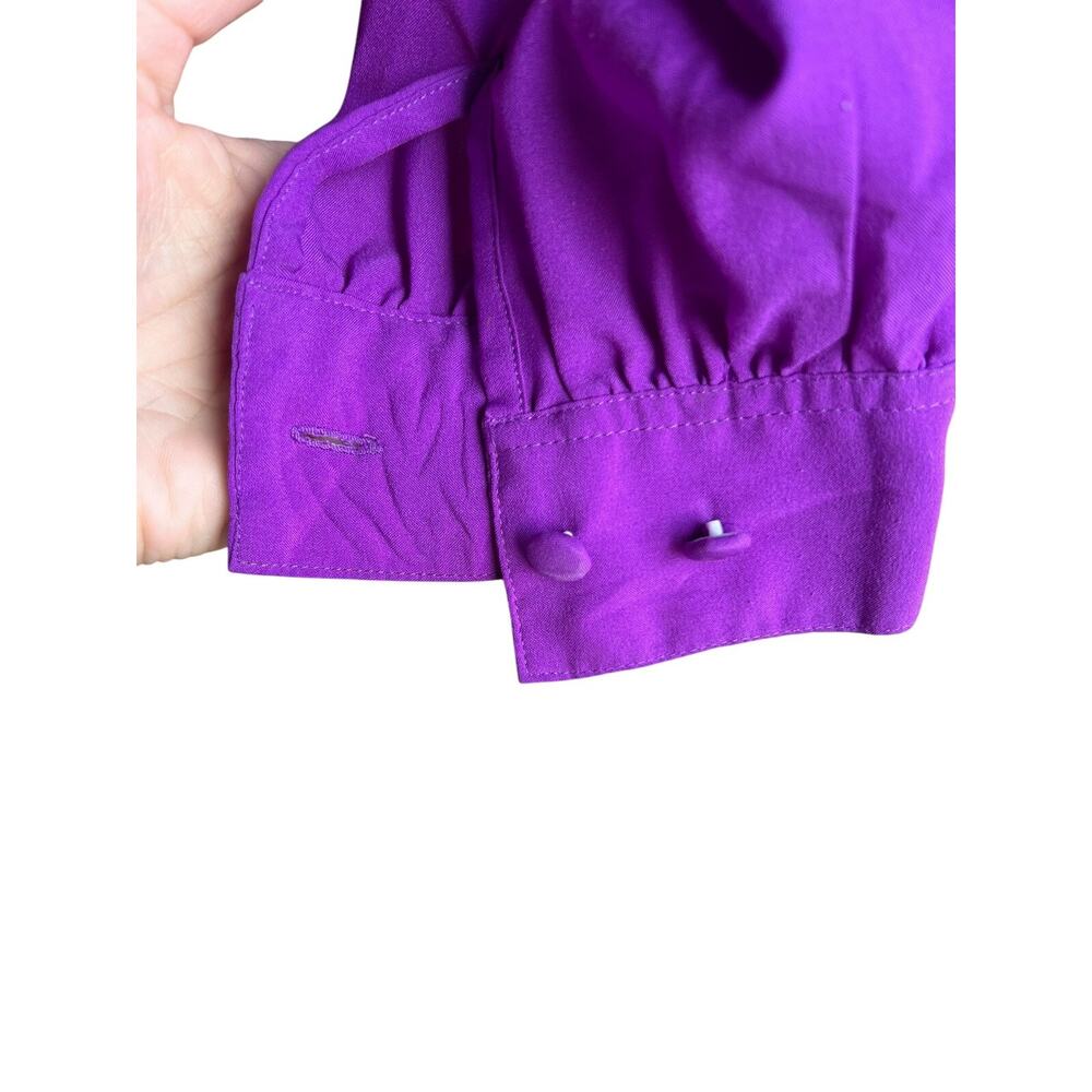 Vintage 80s Purple Ascot Tie Button Long Sleeve Secretary Blouse Pleated Top L - Picture 2 of 6